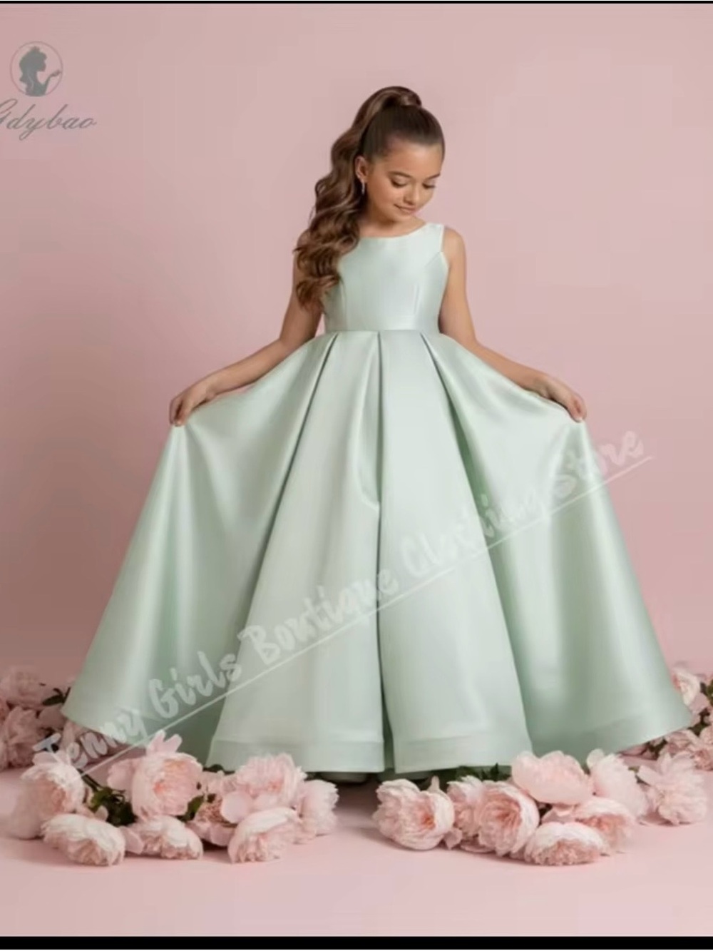 Elegant Mint Satin Girls' Party Dress